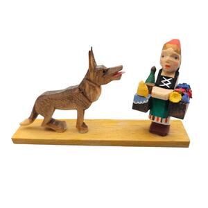 Vintage Erzgebirge Red Riding Hood and Wolf Carved Wood Figurine Fairy Tales